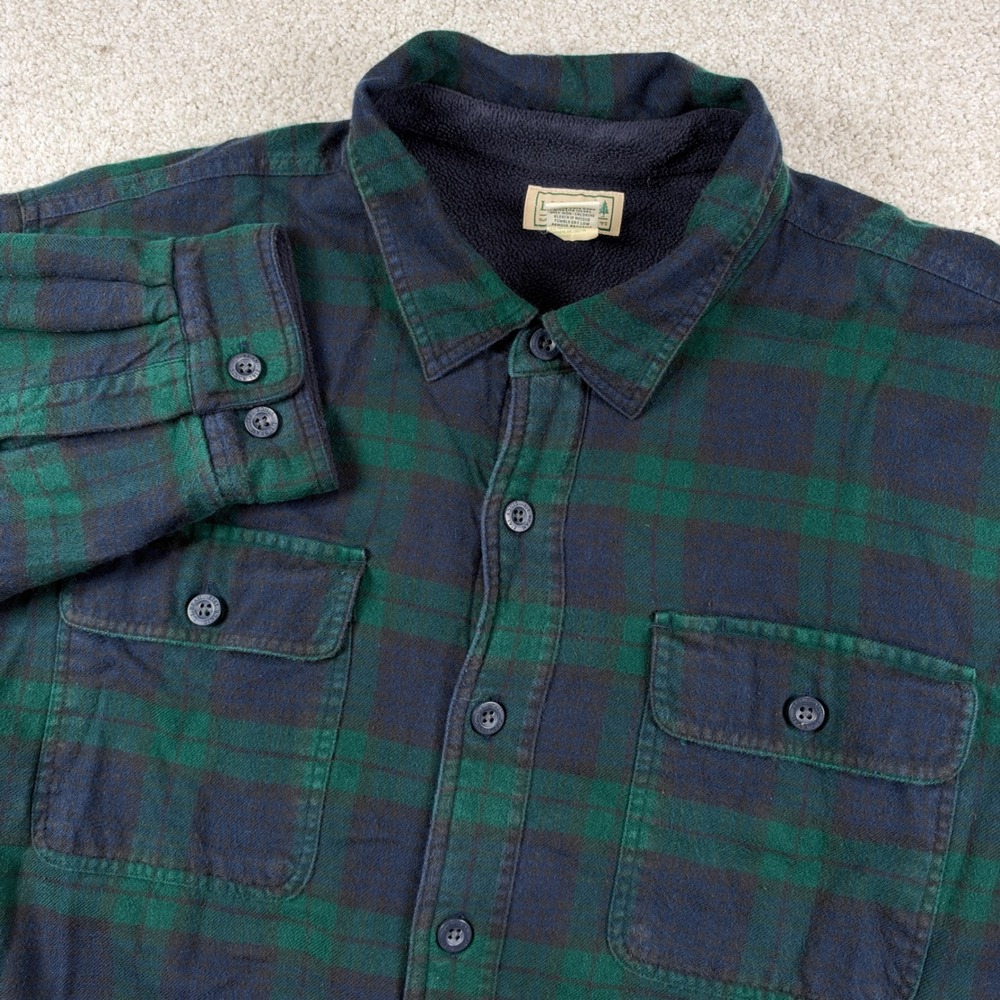 L.L. Bean Flannel Shirt Men 2XL Green Black Watch Plaid Fleece Lined